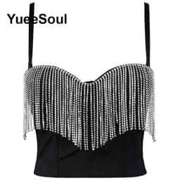 Black Y2K Tops White Rhinestone Sequins Tassel Slim Crop Top New Gothic Party Club Wedding High Street Sexy Corset Top Camis