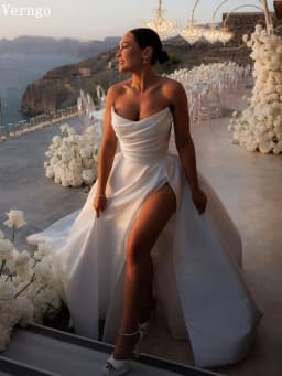 Verngo Satin Soft Chic Wedding Dresse HIgh Split Vestido De Noiva Pleats Bridal Gowns Women Vestido De Noiva A-Line Wedding Gown