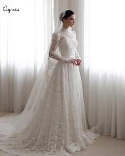 Customized Elegant Lace Wedding Dress A-Line High Neck Long Sleeves Bridal Dress for Bride with Veils Robe De Mariée