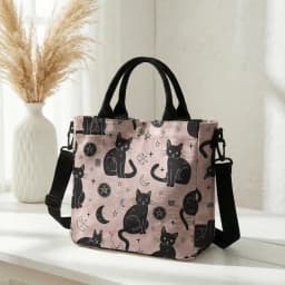 Witchy Black Cat Moon Star Print Pink Canvas Tote Bag Detachable Strap Crossbody Handbag For Women Daily Shopping