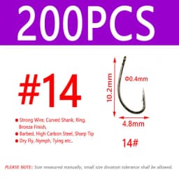 100/200PCS #12 ~ #22 Fly Fishing Dry Fly Hook Standard Wire Bronzed Nymph Curved Hook Small Fly Lures Tying Material
