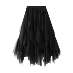 Women's Lotus Leaf Edge A Line Fairy Elastic Waist Tulle Skirt Midi High Waist Mesh Dress Solid Color Irregular Yarn Skirt D8808