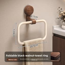 Vintage Walnut Wood Towel Ring with Suction Cup Mount, No-Drill Wall-Mounted Bathroom Towel Holder, Stainless Steel Frame
