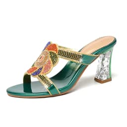 Summer New Comfort Non-slip High Heel Genuine Leather Crystal Inlaid Diamond Women's Beach Fashion Versatile Bohemian Shoes