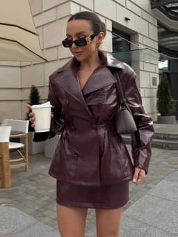 Leather Coat Skirt Women's Set Lapel Double Breasted Slim Coats Hip Package Skirts Female Sets 2025 Autumn Fashion Lady Suits