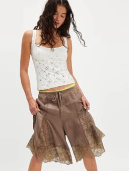 Lace Patchwork Shorts Women's Satin Pants Trim Bermuda Trousers High-Waisted Drawstring Loose Casual Wide-Leg Summer Wear