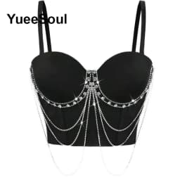 Black Y2K Tops White Rhinestone Sequins Tassel Slim Crop Top New Gothic Party Club Wedding High Street Sexy Corset Top Camis