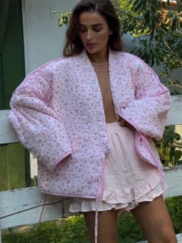Y-Neck Floral Print Cotton Jacket Padded Coat Pink Lace Up Loose Casual Japanese Cardigan Cotton-Padded Coats Women Warm Outwear