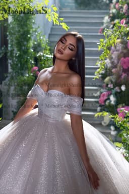 Moonlight Glitter Tulle Wedding Dresses Off Shoulder Shiny Pleated Prom Bridal Gown Sparkly Ball Pageant Customized Bride Gown