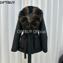 OFTBUY Real Fox Fur Collar Duck Down Jacket Women Mid-Length Puffer Jacket Luxury Slim Belted Waist Winter Warm Outerwear