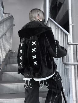 Trendy Womens Black Cute Bunny Ear Collar Zip Up Jacket Y2K Kawaii Oversized Plush Coat Street Style Plush Bunny Ear Warm Coat
