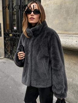 AACHOAE Women Faux Fur Jacket Winter Coat Stand Collar Long Sleeve Snap Button Warm Loose Casual Elegant Outerwear