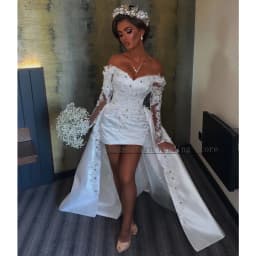Customized Modern Wedding Dress White Satin Off the Shoulder Luxury Wedding Gowns Crystal Applique Long Sleeves Bridal Dresses