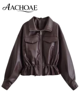 AACHOAE Women Faux Leather Jacket Drawstring Waist Zip Up Utility Short Coat Flap Pocket Casual Streetwear Autumn Outerwear