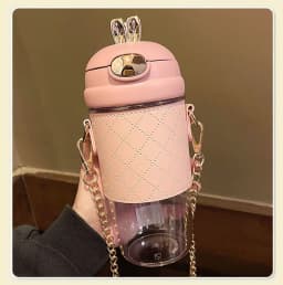 Cute Rabbit Ear Plastic Water Bottles With Straw For Girls Kids Portable Strap Student Bottle With Cup Cover Anti-drop BPA Free