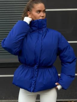 Women Solid Puffer Jacket High Stand Collar Elastic Cinched Waist Peplum Hem Zip Thick Padded Coat Warm Winter Daily Outerwear