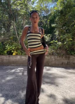 Women's Two Piece Outfit Striped Ribbed Crop Tank Top Brown Low Waist Flare Pants Y2k Sleeveless Wide Leg Trousers Matching Set