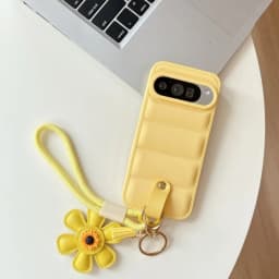 Cartoon Sunflower Down Jacket Lanyard Phone Case for Google Pixel 5 6 7 8 9 10 Pro 9A 7A 6A 5A Hand Wrist Strap Soft TPU Cover