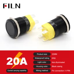 High Current 19mm 22mm 20A 12V 24V 110V 220V IP68 Waterproof Flat Ring Round Push Button Switch Metal Stainless Steel 20cm Wire