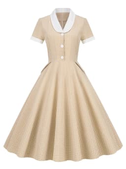 Tonval Shawl Collar Button Up Vintage Robe Plaid Long Dress Evening Elegant for Women Short Sleeve Pockets A-Line Dresses