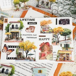Etori Life Small Town Time Series Retro Town Architecture Pattern Sticker Pack DIY Collage Decoration, Handmade Scrapbook, Travel Stickers, Gift Box Packaging, Gift Paper Bag, Photo Album, Vintage Party, Student Stationery, Children's Stickers