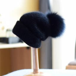 Winter Women's Real Fox Fur Pom-Pom Knitted Beanie Cap with Rabbit Fur Trim and Cashmere Touch