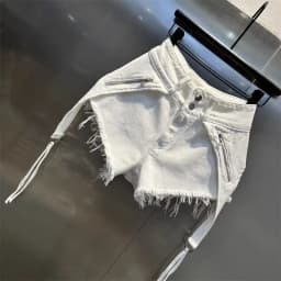 White Zipper Splicing High Waist Buckle Rough Edge Irregular Denim Shorts Summer A-word Wide-leg Hot Pants
