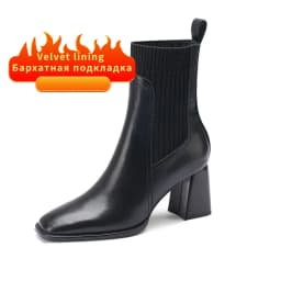 Women Ankle Boots Split Cow Leather Chunky High Heel Knitted Wool Slip on Quality Designer Spring Fall Sock Boots Big Size 42