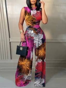 Elegant Women's Wide-leg Long Jumpsuit Spring And Summer Fashion Printed Sleeveless Casual Mid-waist Straight Jumpsuit Trousers