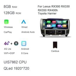 1920*720 QLED 12.3" Carplay 8G+128G Android 13 Car DVD Player GPS Stereo Radio For Lexus RX300 RX330 RX350 RX400h Toyota Harrier