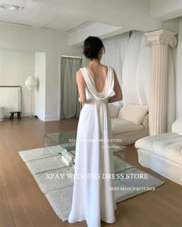 XPAY Elegant Scoop Neck Korea Wedding Party Dresses Cowl Backless Satin Customized Bride Dress Backless Bridal Gown Photos Shoot