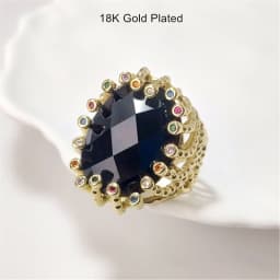 FUWO 1Pc Luxury Natural Semi Precious Stone Ring,Golden/Silver Plated Obsidian Rings With Colourful Zircon For Women RG057O