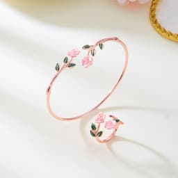 Retro Red Rose Flower Bracelet Ring Set For Women Vintage Drip Oil Open Adjustable Cuff Bangle Finger Ring Party Wedding Jewelry