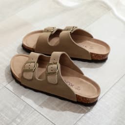 Birken Genuine Leather Women's Flat Slide Sandals - 2 Strap Design, Arch Support, Non-Slip, Cork Footbed, Slip-On Style