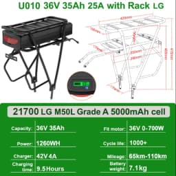 48V 15Ah Rear Rack Electric EBike Battery 36v 15AH Carrier Battery Lithium 48V 18AH 52V 20AH for 1500W 1000W 750W 500W Motor
