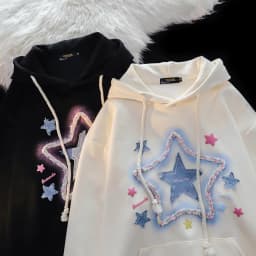 Spring And Autumn Star Print Milk Apricot Color Hooded Coat Street Harajuku Outerwear Vintage Star Print Drawstring Hoodies