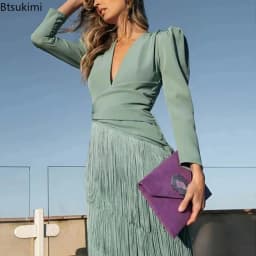 New 2026 French Elegant Deep V Neck Prom Dresses for Women Spring Fashion Spliced Tassel Dress Woman Long Sleeve Slim Maxi Dress