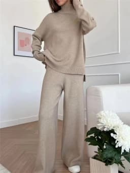 REALEFT Autumn Winter 2 Pieces White Women's Sets Knitted Tracksuit Turtleneck Sweater and Straight Jogging Pant Suits 2023 New