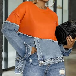Mock Two-Piece Denim Insert Sweatshirt Raw-Edge Crewneck Long Sleeve Top Retro Fusion Pullover Women Chic Spring Fall Streetwear
