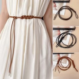New Braided Leather Thin Belt Metal head Knotted Long Dress String Waistband PU leather Decorative Coat Belt Waist strap