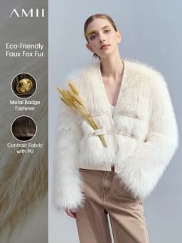 AMII 2026 Winter New Fur Jacket Solid Color Modern Warm Outerwear V-neck Imitation Fur Loose Spliced PU Top Female 12424012