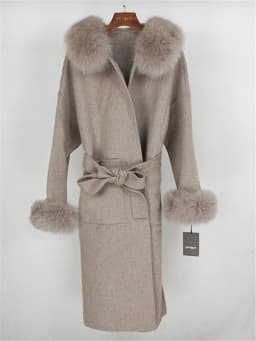 OFTBUY New Oversize Loose Cashmere Wool Blends Real Fur Coat Winter Jacket Women Natural Fox Fur Collar Hood Outerwear Belt