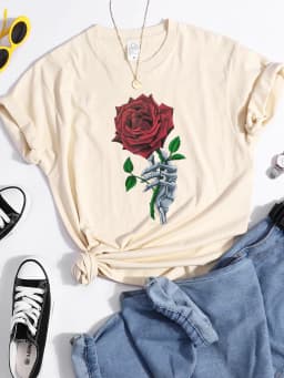 Skull And Bones The Lovers Red Rose Female Tshirts Street Hip Hop T-Shirts Cool Casual Tee Clothes Breathable Sweat Tshirt Women