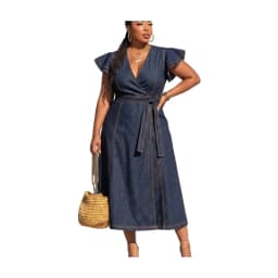Plus Size V Neck Ruffle Sleeve Wrap Waist Midi Dress For Women Daily Vacation Outdoor Casual A Line Long Dress
