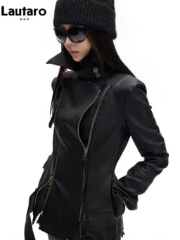 Lautaro Spring Autumn Cool Handsome Soft Black Pu Leather Jacket Women Long Sleeve Double Zippers Luxury Clothes Runway Fashion