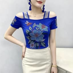 New Designer Hot Diamond Mesh T-Shirt Women Korean Style Sexy Off Shoulder Slim Tee Summer Casual Streetwear Tops