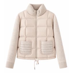 BD3621736 Women's Pure Wool Knit Hybrid Goose Down Jacket Chain Trim Pockets Stand Collar Two-Way Zip Old Money Early Autumn