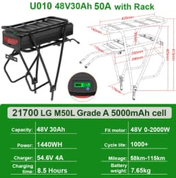 48V 15Ah Rear Rack Electric EBike Battery 36v 15AH Carrier Battery Lithium 48V 18AH 52V 20AH for 1500W 1000W 750W 500W Motor