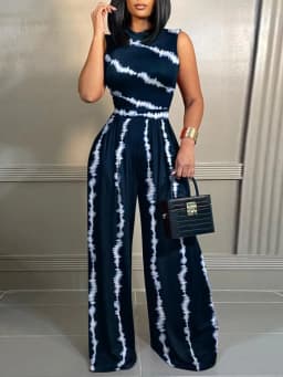 Elegant Women's Wide-leg Long Jumpsuit Spring And Summer Fashion Printed Sleeveless Casual Mid-waist Straight Jumpsuit Trousers