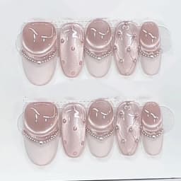 10pcs Purple Cat's Eye Handmade Fake Nails Tips Glitter Mid-length Oval Press on Nails Art Bow Rhinestone Design False Nail Sets